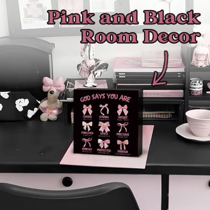 Inspirational Christian Desk Decor, Pink Bow God Says You Are Sign - color: Black-God Says You Are-5x5