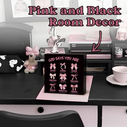 Inspirational Christian Desk Decor, Pink Bow God Says You Are Sign - color: Black-God Says You Are-5x5