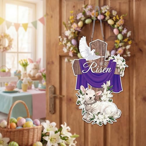 Jetec 12.6 x 9 Inches He Is Risen Easter Decoration Metal Wreaths for Front Door Wall Signs Cross Sign Christian Jesus Lily Flowers Ornaments Hanging Crafts for Spring Home Farmhouse Party Porch Decor