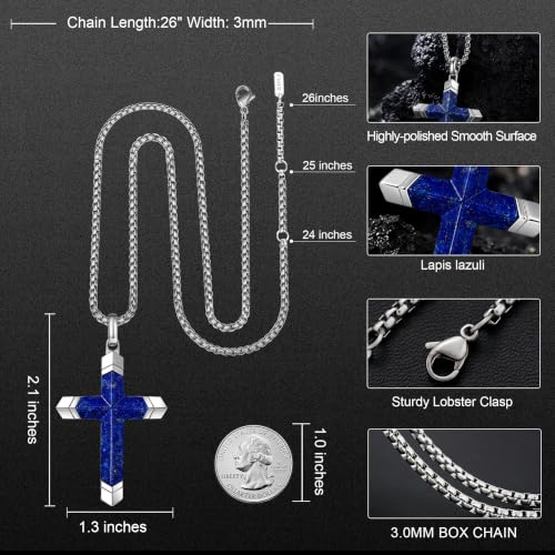 Lapis Lazuli/Amethyst Cross Necklace for Men Waterproof and Sweat-Resistant Suitable for both men and women With Adjustable Box Chain Christian Jewelry Father Day Gifts for Men - color: Blue&Silver
