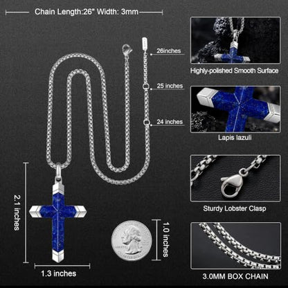 Lapis Lazuli/Amethyst Cross Necklace for Men Waterproof and Sweat-Resistant Suitable for both men and women With Adjustable Box Chain Christian Jewelry Father Day Gifts for Men - color: Blue&Silver