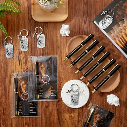 Gueevin 48 Sets Be Strong Christian Gifts for Fathers Day Bulk, Bible Verse Keychain Pen Card Gift Set for Men Dad Pastor Church (Be Strong)