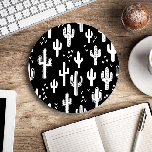 Round Mouse Pad, Black White Cactus Succulent Customized Premium-Textured Mouse Mat,Washable Mousepads with Cloth, Non-Slip Rubber Base Small Mousepad, 7.9×7.9×0.12 inches - color: Black White Cactus Succulent