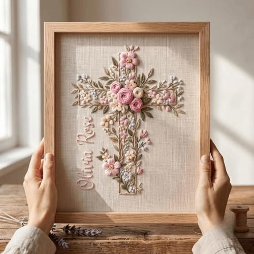 NAZENTI Custom Hand Embroidery Wooden Frame Sign Baptism Gift for Boy, Personalized Embroidered Floral Sign with Name - color: DS03