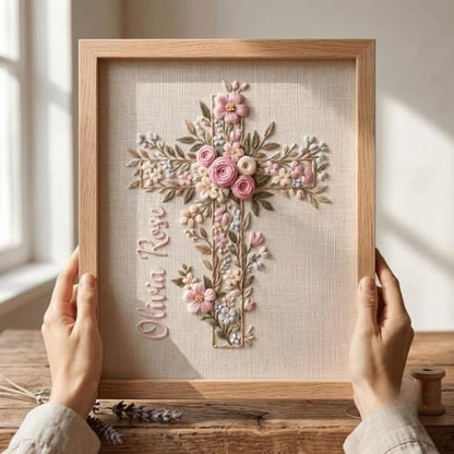 NAZENTI Custom Hand Embroidery Wooden Frame Sign Baptism Gift for Boy, Personalized Embroidered Floral Sign with Name - color: DS03