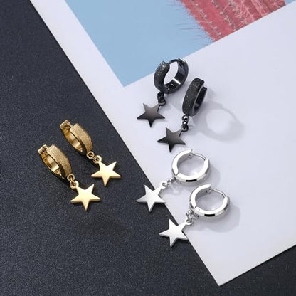 Men Women Stainless Steel Cross Earrings Set Dangle Hinged Earrings of Dangle Hinged Earrings Cross hoop Earrings - color: 3 Pairs Star Earrings (Black+Silver+Gold)