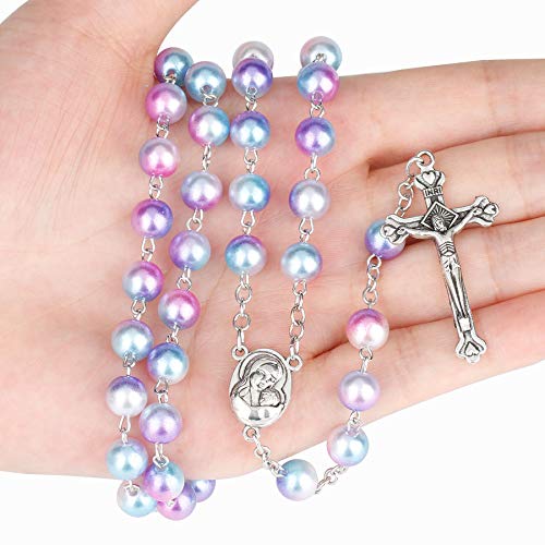 Rnivida Catholic 8MM Colorful Beads Rosary, Rosaries Necklace with Alloy Miraculous Medal and Crucifix Cross - color: Imitation Multicolor Pearl Rosaries for women pearl rosary