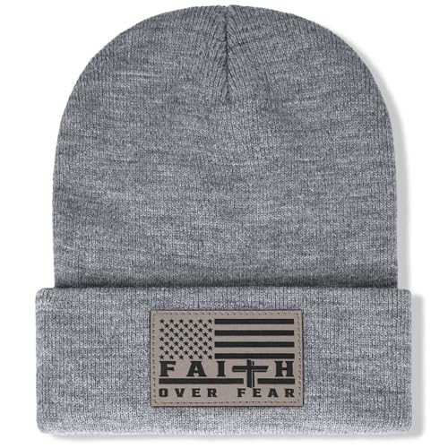 Christian Cross Beanie Hats for Men Women, Faith Winter Cuffed Hats, Religious Gifts for Thanksgiving Christmas New Years - color: Grey, style: Faith Over Fear
