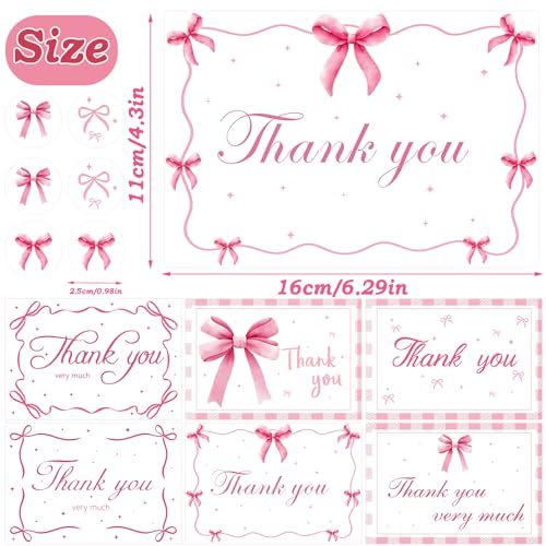 60 Pieces Pink Bow Thank You Cards with Envelopes Coquette Theme Thank You Cards with Bow Stickers for Wedding Bridal Baby Shower Birthday Party - color: Pink Bow