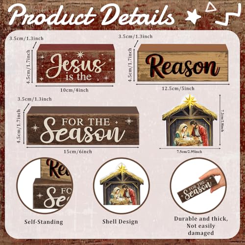 Moucuny 4 Pcs Christmas Table Decor Christian Nativity Scene Wooden Blocks - style: Jesus is the Reason of This Season