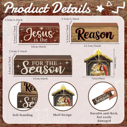 Moucuny 4 Pcs Christmas Table Decor Christian Nativity Scene Wooden Blocks - style: Jesus is the Reason of This Season