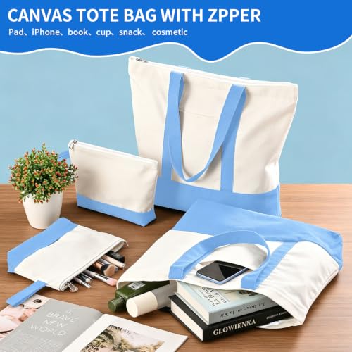 2-Pack Canvas Tote Bags and Makeup Bags, Cotton Zipper Bag, Sky Blue - color: Sky Blue/White