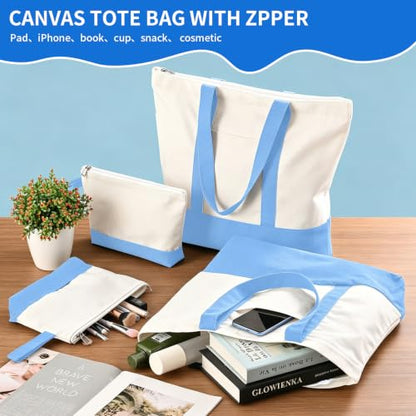 2-Pack Canvas Tote Bags and Makeup Bags, Cotton Zipper Bag, Sky Blue - color: Sky Blue/White