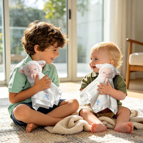 Lamb Baptism Blanket, Lamb Loveys Baptism Gifts for Baby Boys - color: White Lamb Blue Cross