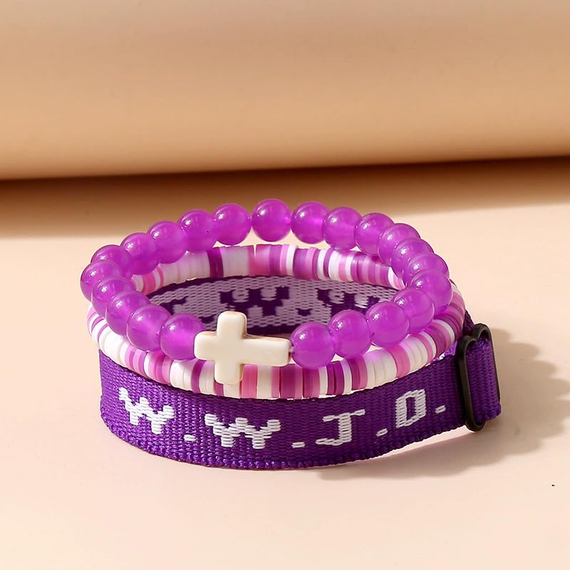 WWJD What Would Jesus Do Christian Stackable Bracelet Set for Women Men, Inspirational Faith Cross Beaded Elastic Wristbands, Religious Bible Verse Jewelry Gift for Church - color: Purple 3pcs