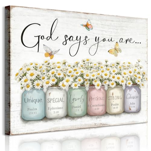 Inspirational Bible Verse Wall Art God Says You Are Sayings Wall Decort Christian Gift Quotes Painting scripture Pictures Print Flowers in Mason Jar Poster for Women Girls Bedroom(24x16 Canvas) - color: white-canvas, size: 24"L x 16"W