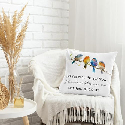 Christian Bird Pillow Cover 18x18, His Eye is on The Sparrow Matthew 10:29-31 Bible Verse Religious Decorative Throw Pillow Covers Cases for Church Prayer Room Home Living Room