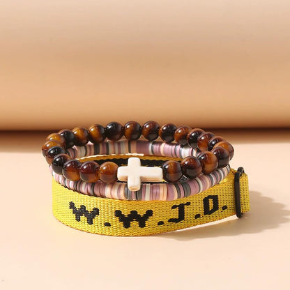 WWJD What Would Jesus Do Christian Stackable Bracelet Set for Women Men, Inspirational Faith Cross Beaded Elastic Wristbands, Religious Bible Verse Jewelry Gift for Church - color: Amber 3pcs