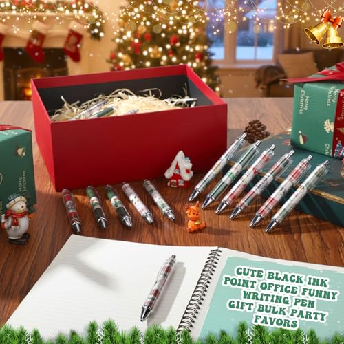 36 Pcs Christmas Pens Bulk Gift Cute Red and Green Buffalo Plaid Xmas Party Favors Retractable Ballpoint Gel Ink Pens Novelty Santa Claus for Adults Office Supplies Rewards Stockings Stuffers (Plaid) - style: Plaid