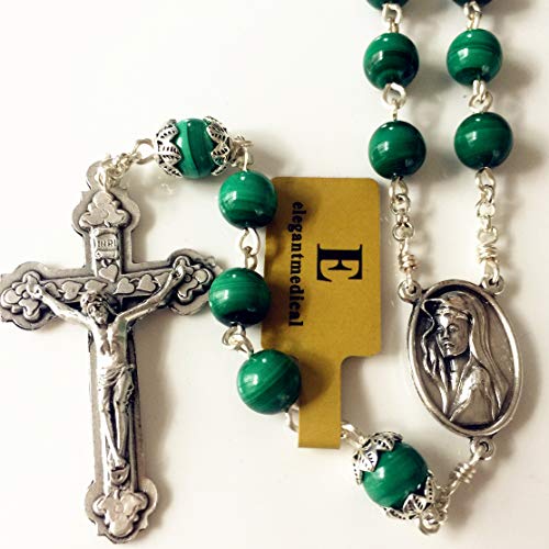 elegantmedical Handmade UNDOUBTED Malachite 8MM Beads St.Dymphna Rosary Cross/Crucifix Necklace Box Catholic Womens Gift