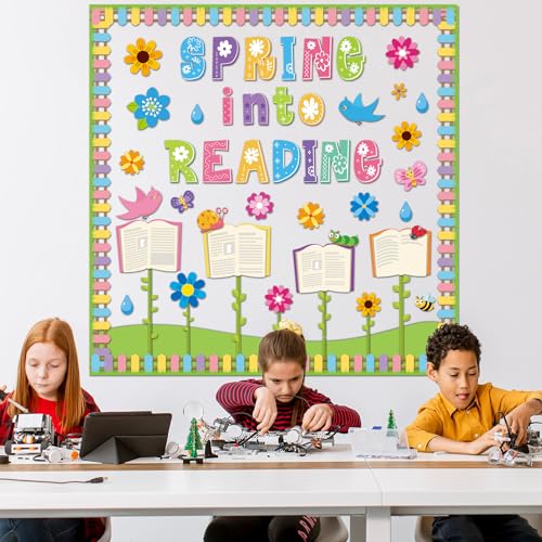 gisgfim Spring Reading Bulletin Board Decorations Set Classroom Spring Into Reading Bulletin Board Butterflies Flowers Cutouts Bulletin Board Borders Decor for School Library Chalkboard Wall(Spring) - style: Spring Reading