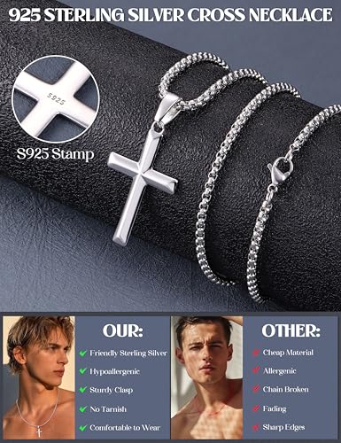 YADOCA 925 Sterling Silver Cross Necklace for Men - 3mm Stainless Steel Box Chain Silver Cross Chains Beveled Edge Crucifix Cross Pendant Necklace Jewelry for Women Mens 16-24 Inches