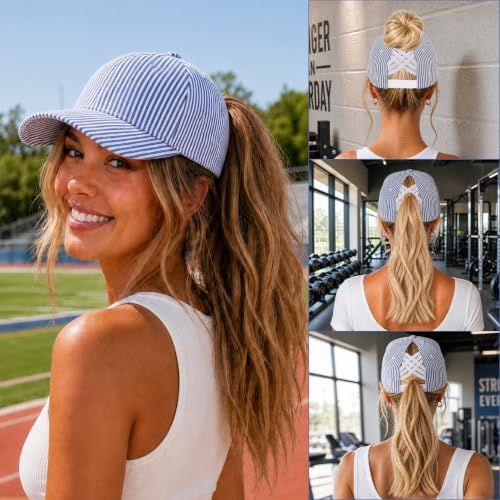C.C Women's Criss-Cross Ponytail Trucker Hat - Snapback, One Size - color: Cotton Stripe-navy