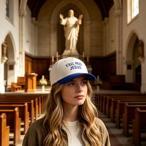 Embroidered Christian Two-Tone Baseball Cap for Men & Women, Adjustable Dad Hat Christmas Easter Gift - color: Y'all Need Jesus, Navy Blue/Beige