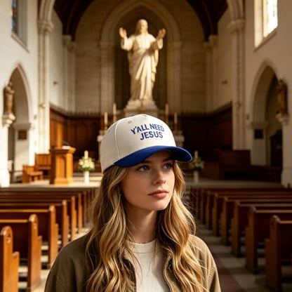 Embroidered Christian Two-Tone Baseball Cap for Men & Women, Adjustable Dad Hat Christmas Easter Gift - color: Y'all Need Jesus, Navy Blue/Beige