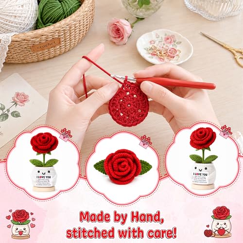 Positive Crochet Rose Flower Gift for Her, Romantic Anniversary Valentines Day I Love You Birthday Gift for Girlfriend Wife Husband, Encouragment Positive Gifts for Couples Husband Mom Grandma - color: Rose