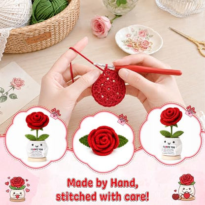 Positive Crochet Rose Flower Gift for Her, Romantic Anniversary Valentines Day I Love You Birthday Gift for Girlfriend Wife Husband, Encouragment Positive Gifts for Couples Husband Mom Grandma - color: Rose
