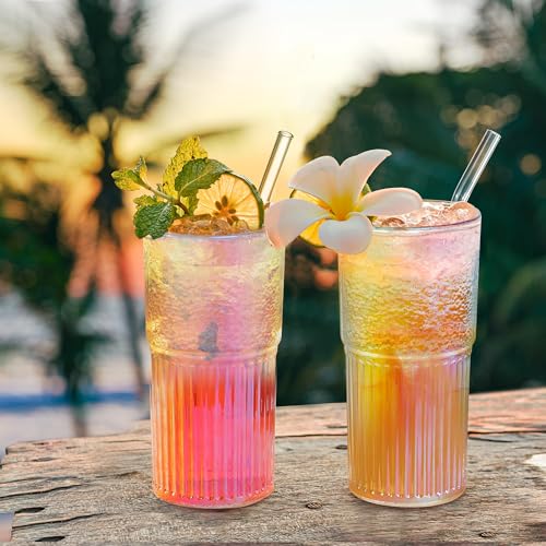 Joeyan 22oz Iridescent Glass Tumbler with Straw and Lid,Ribbed Glasses Cups - color: Iridescent glass tumbler