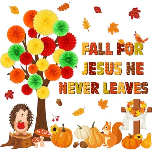 Gersoniel 81 Pcs Fall for Jesus He Never Leaves Bulletin Board Set Thanksgiving Tree Bulletin Board Decorations for Classroom 3D DIY Paper Fans Religious Cross Wall Decor Thanksgiving Hedgehog Cutouts - style: Fall