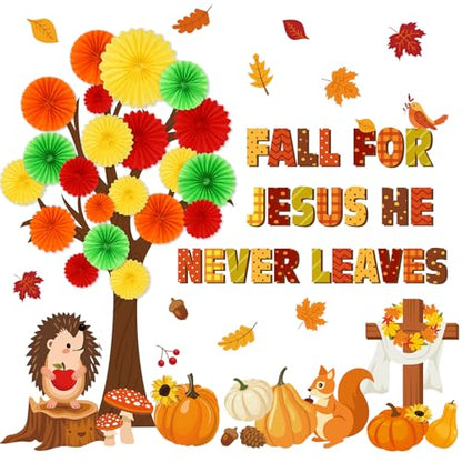 Gersoniel 81 Pcs Fall for Jesus He Never Leaves Bulletin Board Set Thanksgiving Tree Bulletin Board Decorations for Classroom 3D DIY Paper Fans Religious Cross Wall Decor Thanksgiving Hedgehog Cutouts - style: Fall