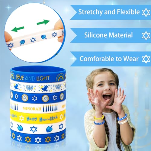 JUNEBRUSHS 42Pcs Hanukkah Party Favors Bracelets Chanukkah Wristbands Gift - style: Hanukkah Style
