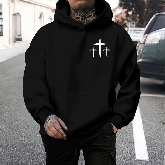 Men Faith Over Fear Christian Cross Graphic Pullover Hoodie - color: Black, size: Small