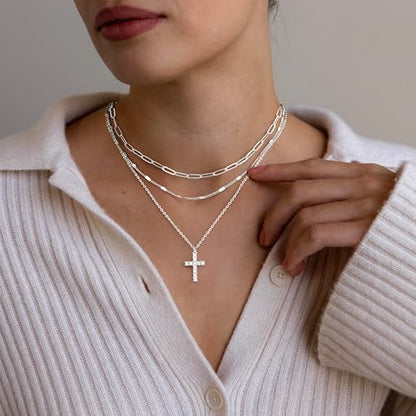 Poxtex Layered Gold Necklaces for Women, Stackable Dainty 14K Gold Silver Plated Trendy Simple Heart Diamond Cross Bow Circle Pendant Paperclip Choker Dot Chain Necklace,Jewelry Set Gifts for Women - color: Silver, style: Cross2
