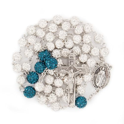 Nazareth Store Rhinestones Crystal Beads Rosary, Catholic Rosary Necklace with Silver Miraculous Medal INRI Crucifix, Multicolor Rosaries in a Gift Case - color: White with Blue Beads