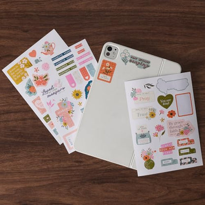 Christian Art Gifts Multicolor Inspirational Scripture Bible Journaling Sticker Sheet Set for Women & Girls: Colorful Pink, Blue & Green Floral Designs, 3 Die-Cut Sheets