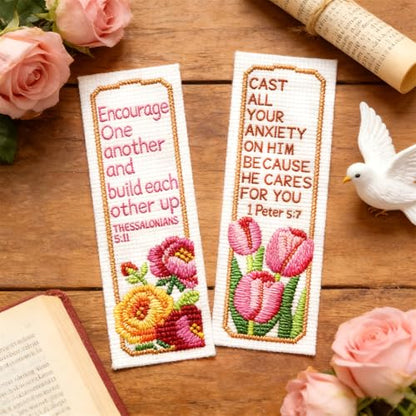 ORIGACH 6 Set Bible Verse Floral Cross Stitch Bookmark Kit for Beginner - style: Floral Scripture & Inspirational Verse