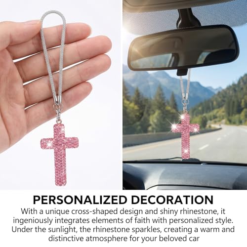 Sibba Bling Cross Car Hanging Ornament,Pink,Diamond Rear View Mirror Charm