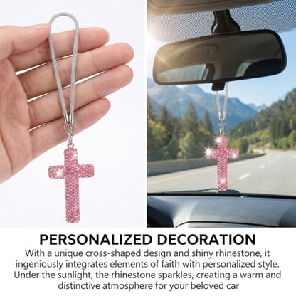 Sibba Bling Cross Car Hanging Ornament,Pink,Diamond Rear View Mirror Charm