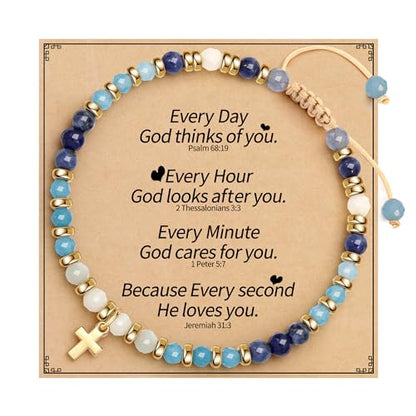 Cross Bracelets for Women Girls, Christian Gifts for Women Natural Stone Beaded Bracelets First Communion Confirmation Baptism Gifts Catholic Easter Christmas Inspirational Gift Jewelry - color: Aquamarine - Every Day