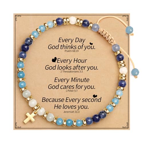 Cross Bracelets for Women Girls, Christian Gifts for Women Natural Stone Beaded Bracelets First Communion Confirmation Baptism Gifts Catholic Easter Christmas Inspirational Gift Jewelry - color: Aquamarine - Every Day