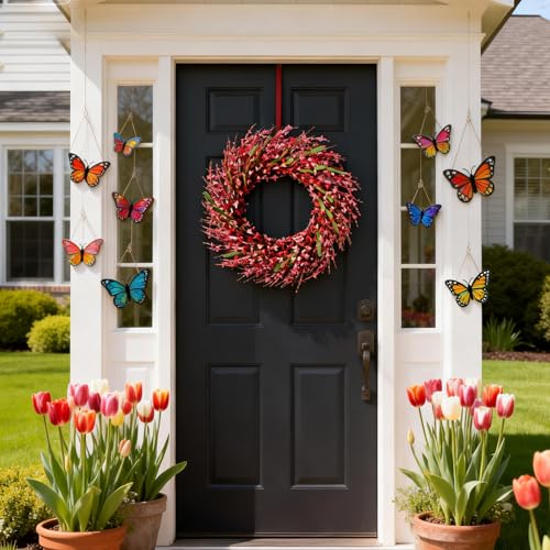26 Inch Spring Wreaths for Front Door, Large Artificial Forsythia Flowers Wreath, Spring Summer Floral Wreath All Season for Home, Wall, Window, Porch, Wedding, Farmhouse Decor (Pink) - color: Pink