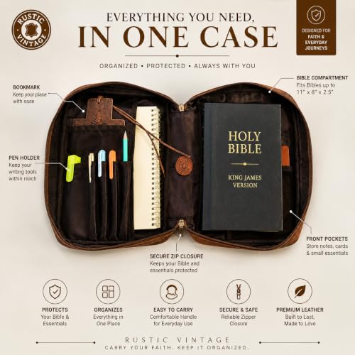 11 x 8 inch Real Leather Bible Cover for Men, Bible Case Women Organizer with Handle & Pocket Pen Holder Christian Religious Gift Bookmark Bible Carrying Bag for Church - Antique Brown - color: Brown
