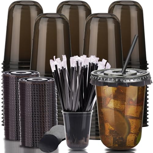 16oz Disposable Stemless Glasses with Flat Lids and Straws,PET Disposable Drinking Cups,Clear Plastic Wine Glasses for Parties Birthday,Wedding,Meeting,Christmas Party Supplies. (100, Black) - color: Black