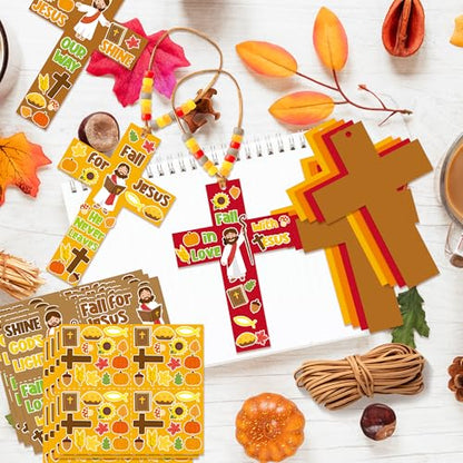 BeYumi Fall Cross Necklace Craft - 28Pcs Fall Religious Cross Necklace Craft Kit for Kids DIY Sticker and Beads Ornament Autumn Thanksgiving Decor Sunday School Classroom Party Christian Favors - style: Fall