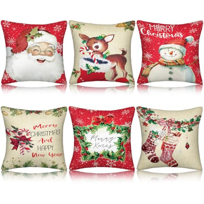FuWeave 6 Set Vintage Christmas Pillow Cover 18 x 18 Inch Santa Pillow Case - style: Vintage