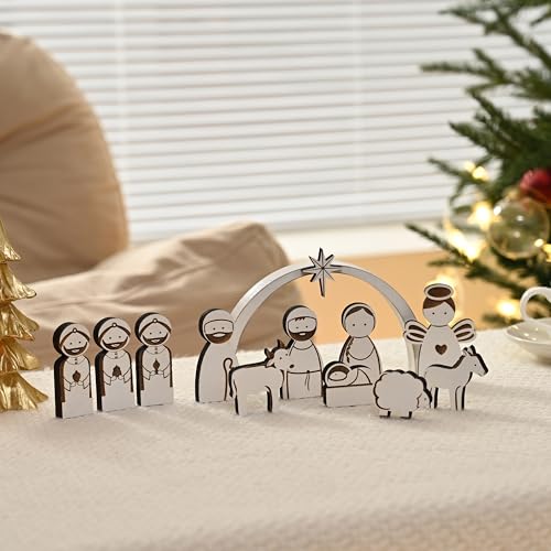 AOMOONOA Wooden Nativity Set for Kids, 12Pcs Christmas Nativity Scene - color: White